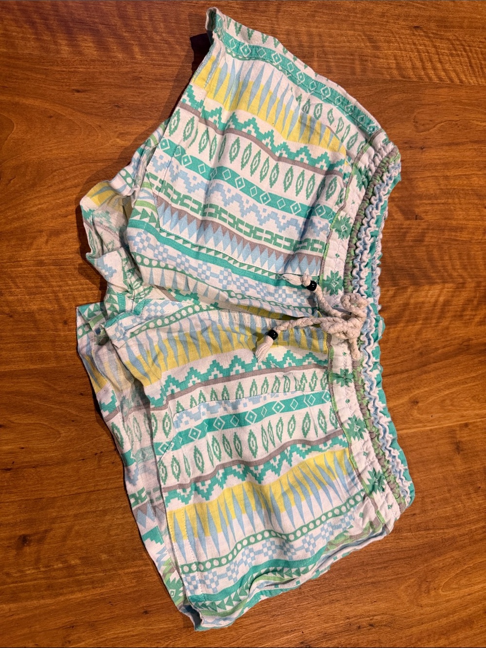 Lagaci Aztec Print Women’s Drawstring Shorts - Teal, Yellow & White